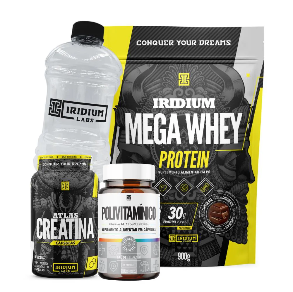 MEGA WHEY + ATLAS CREATINA 60 CAPS + POLIVITAMíNICO 30 CAPS  + GALãO CRISTAL 1L Chocolate