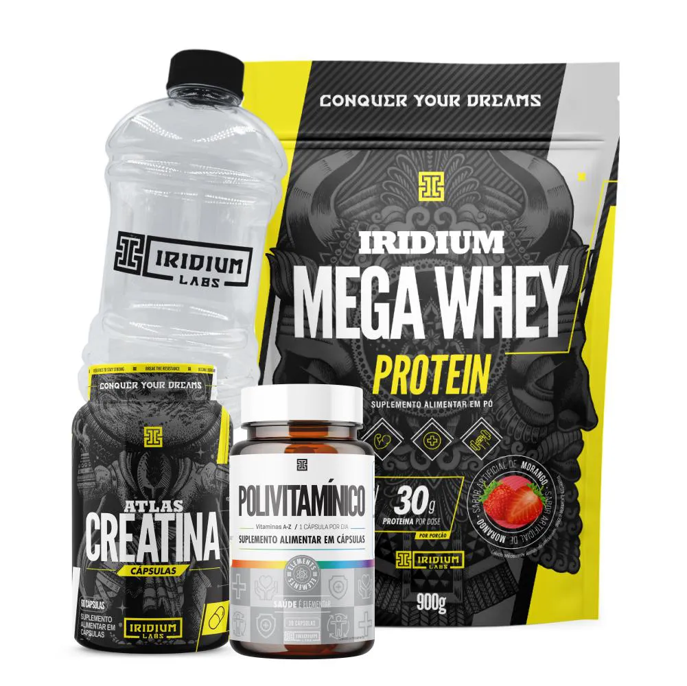 MEGA WHEY + ATLAS CREATINA 60 CAPS + POLIVITAMíNICO 30 CAPS  + GALãO CRISTAL 1L Morango