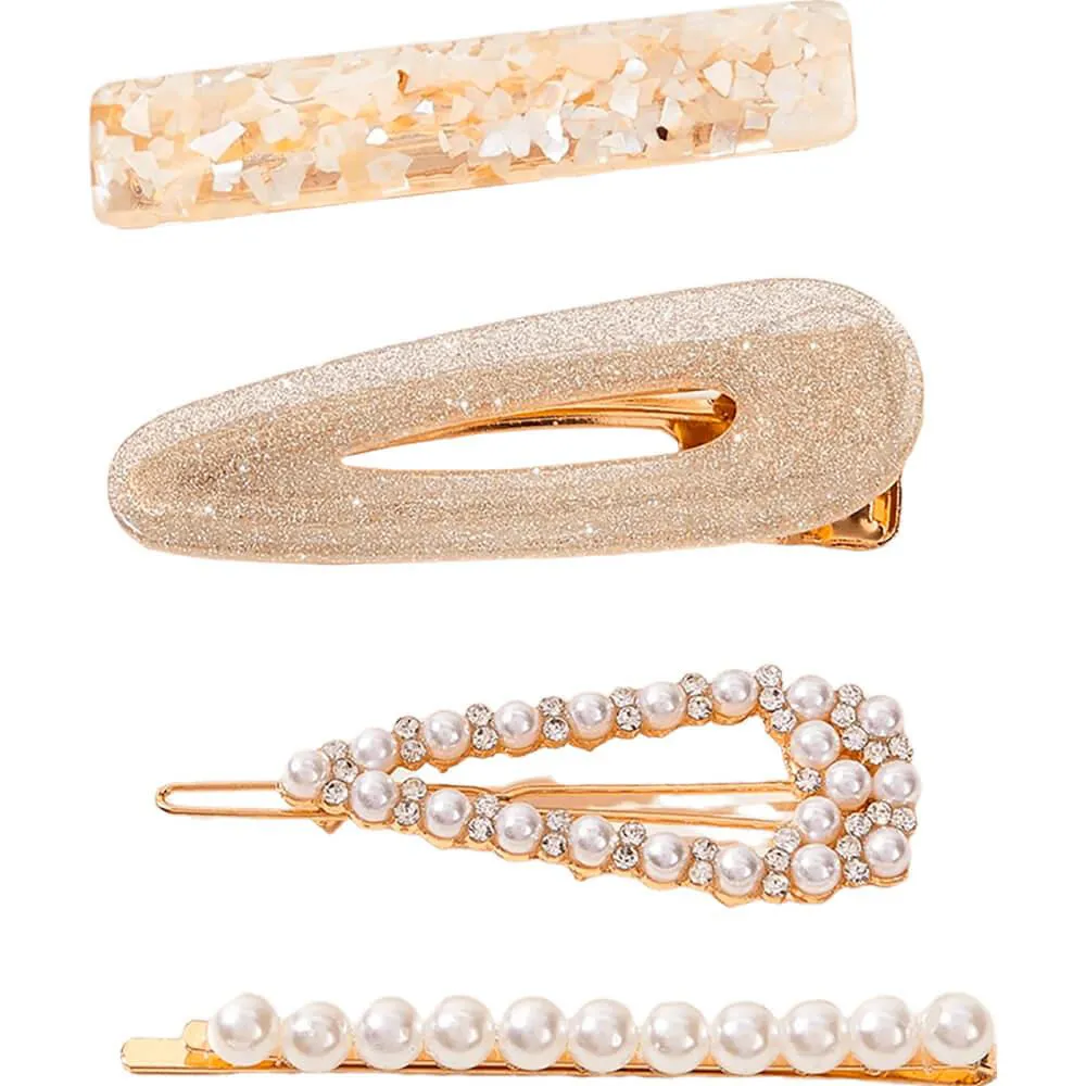 NOBRAND - KIT GRAMPOS DE CABELO STRASS E PéROLA ARTIFICIAL BRANCO E DOURADO (4 PEçAS)