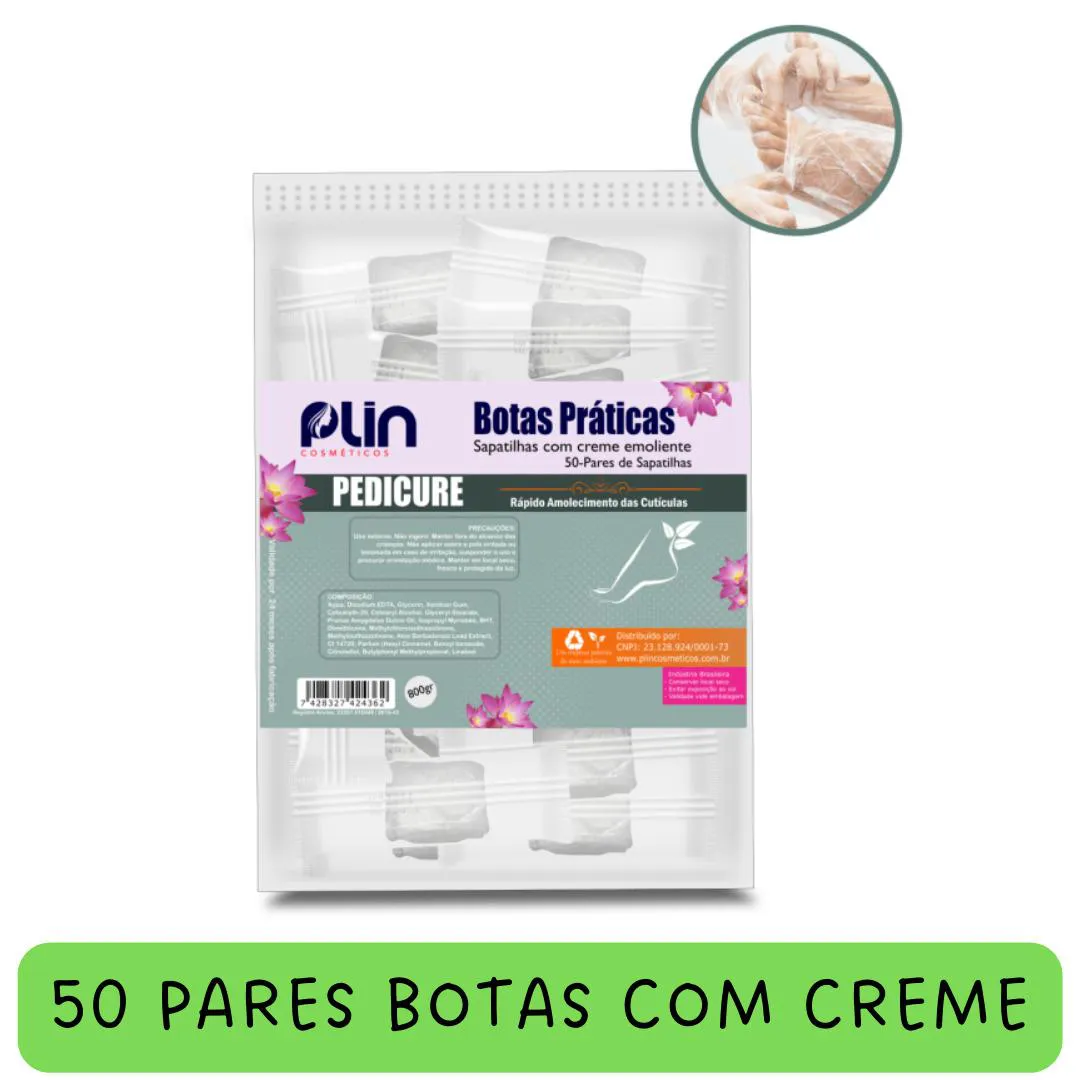 BOTA PLáSTICA COM CREME EMOLIENTE AMOLECEDOR DE CUTICULAS DESCARTáVEL COM 50 PARES
