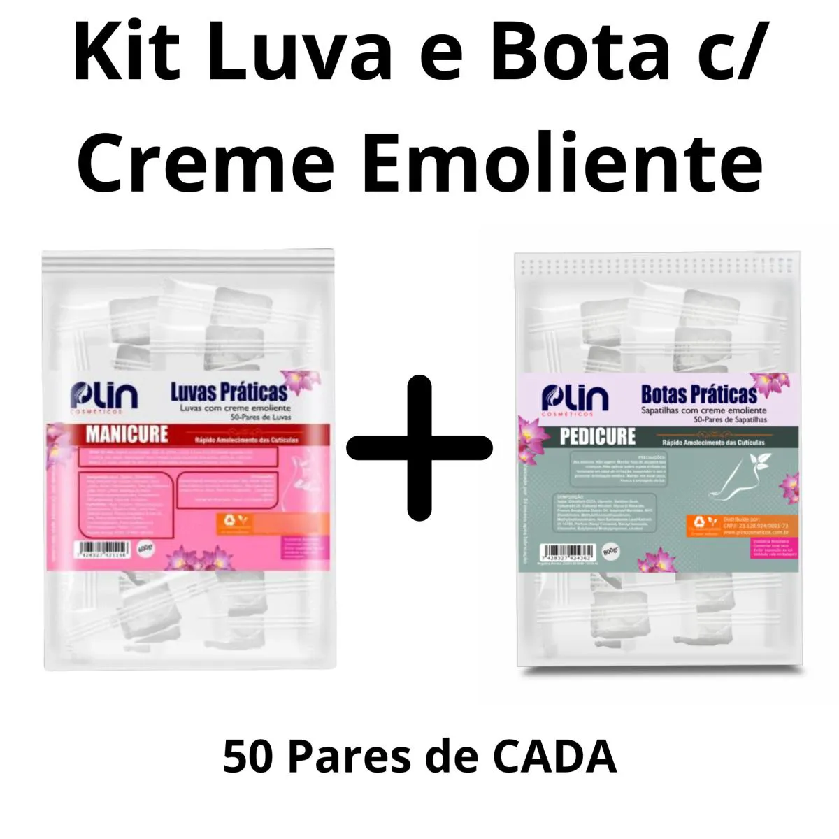 KIT LUVA E BOTA DESCARTAVEL COM CREME EMOLIENTE AMOLECEDOR DE CUTICULAS COM 50 PARES