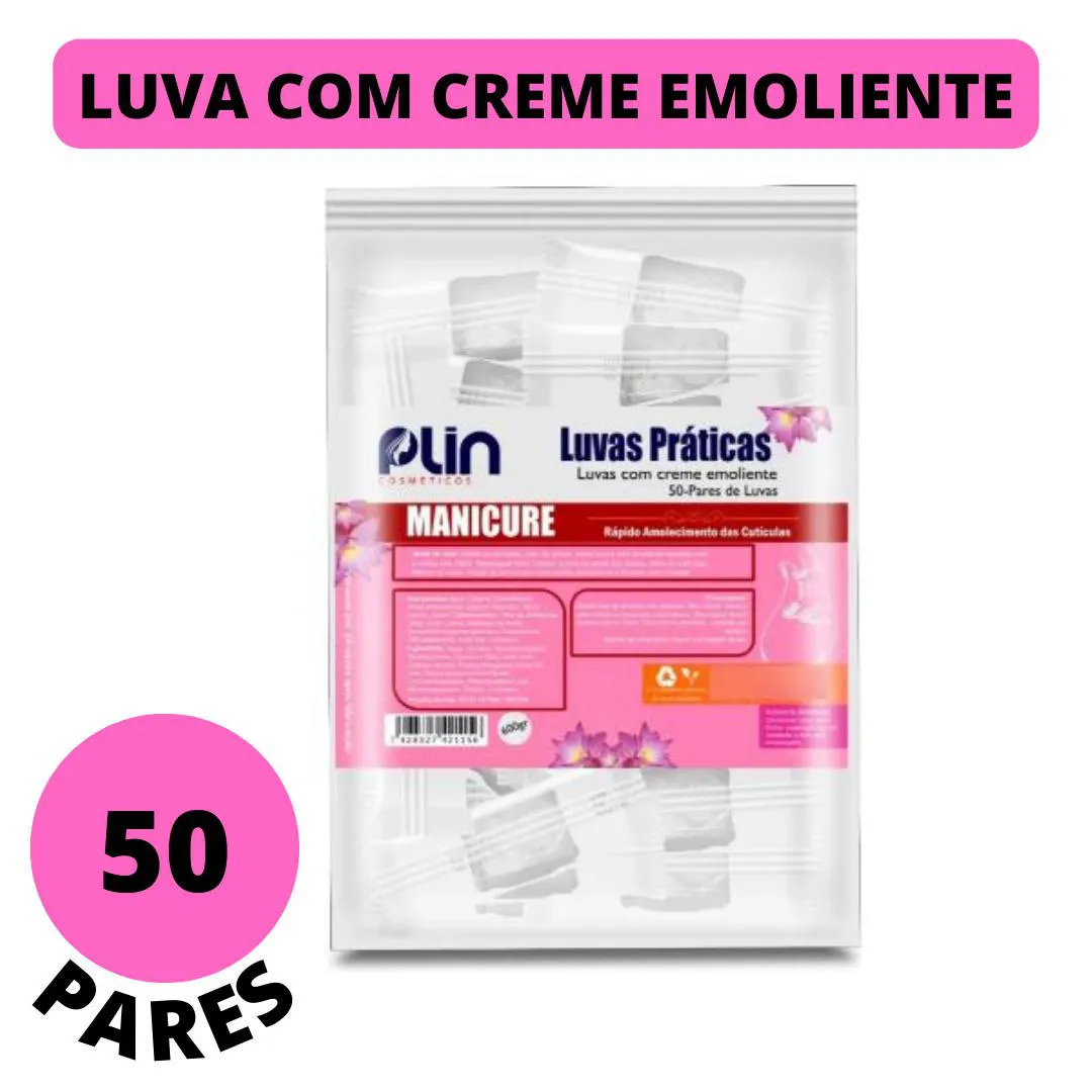 LUVA COM CREME EMOLIENTE AMOLECEDOR DE CUTICULAS DESCARTáVEL COM 50 PARES