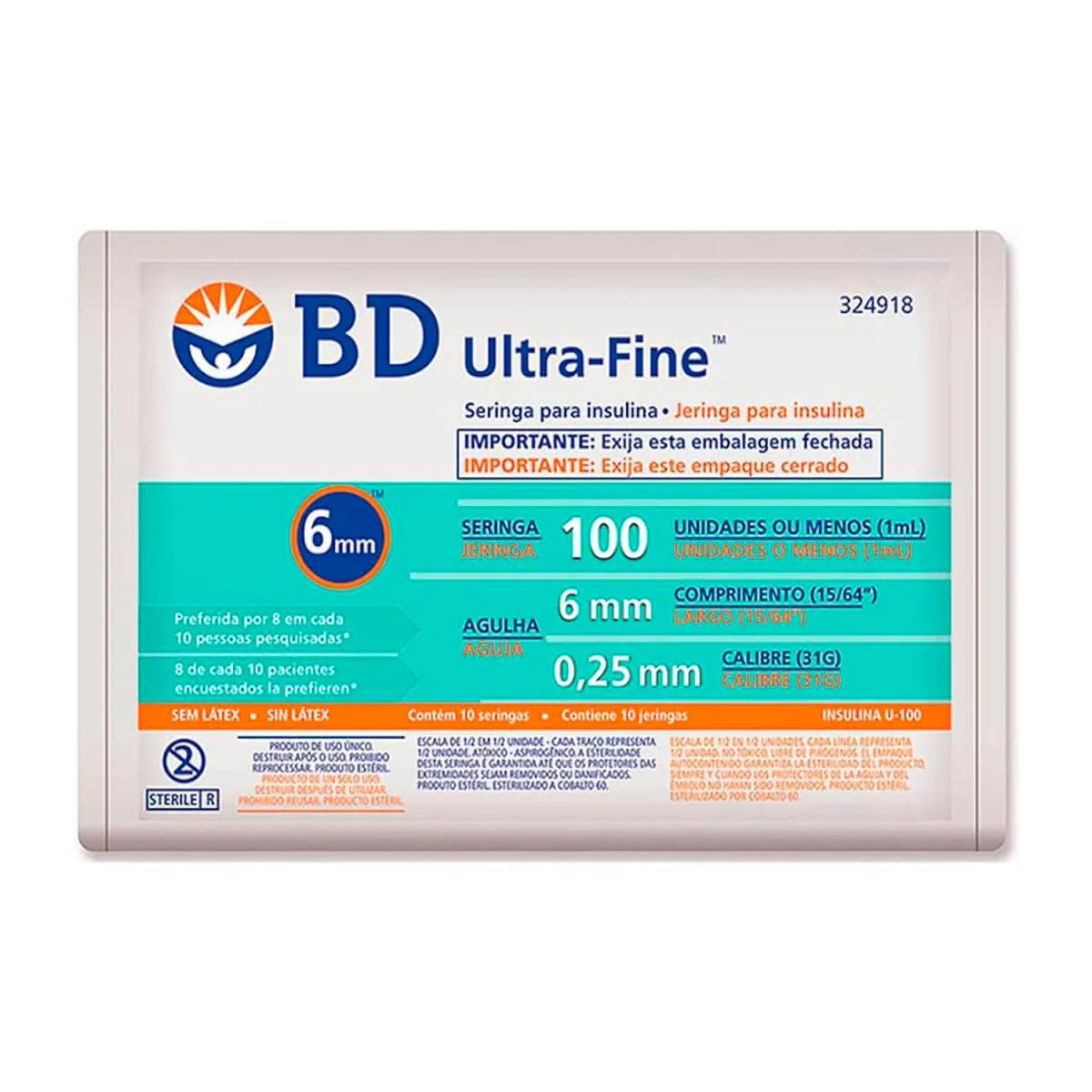 SERINGA INSULINA ULTRA FINE 100UI X 6X0,25MM BD 10UN