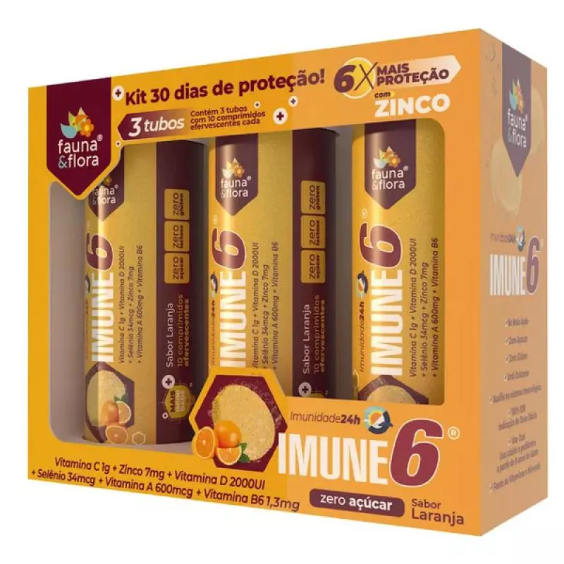 IMUNE 6 - VIT C + D3 + SÊLENIO + ZINCO + VIT A + B6 *DSPLAY C/ 3 TUBOS*