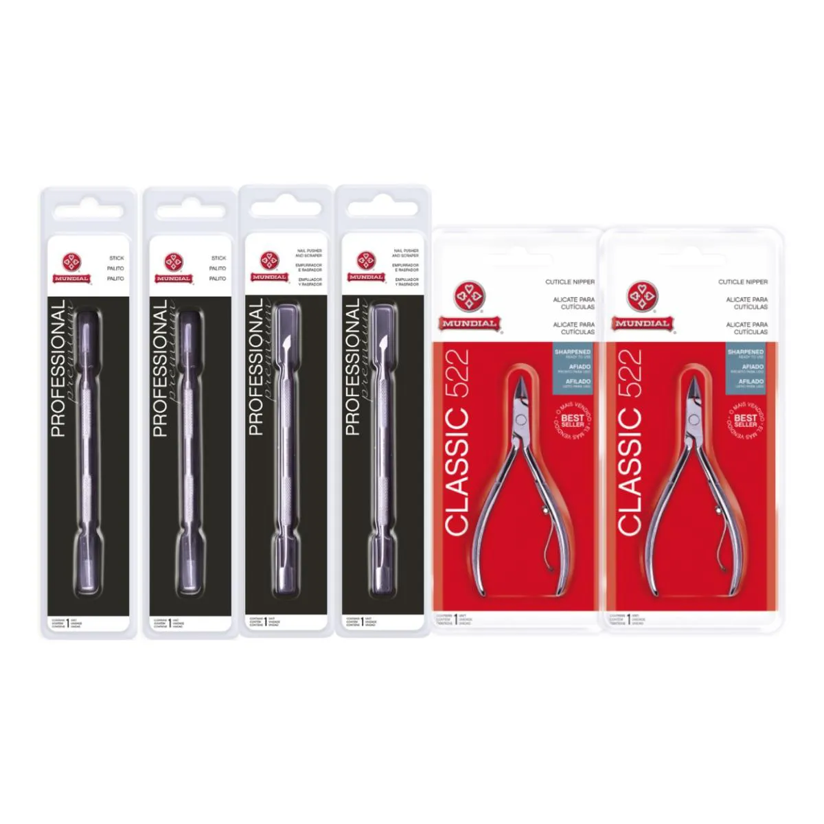 KIT 2 ALICATES CUTíCULA 522 AçO 2 PALITO 2 ESPáTULA MUNDIAL