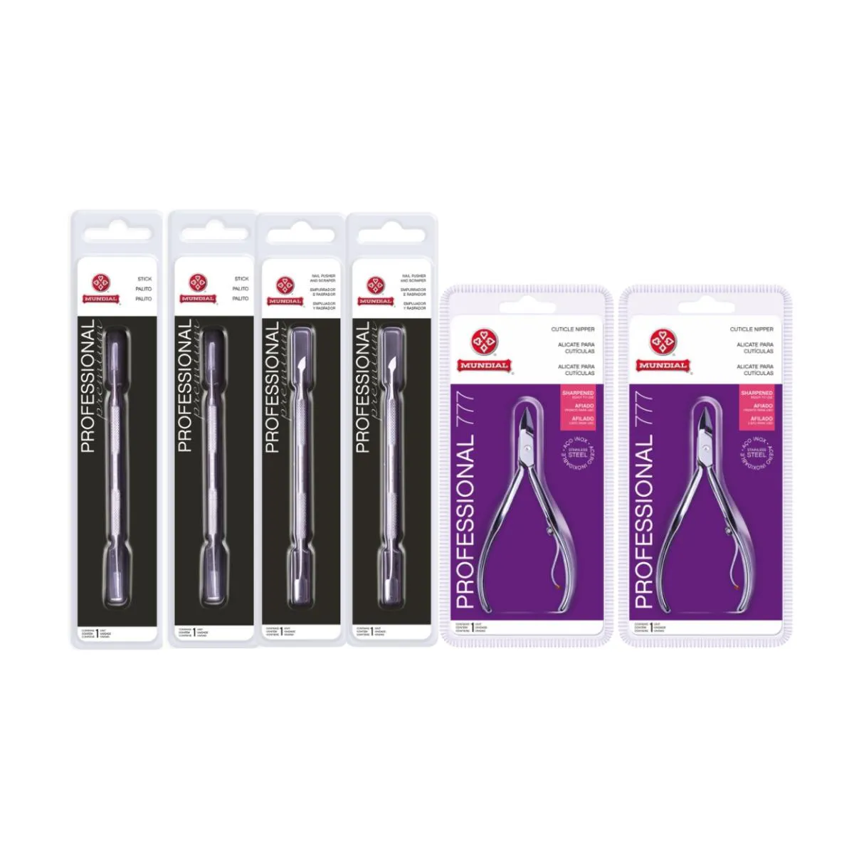 KIT 2 ALICATES CUTíCULA 777 AçO 2 PALITO 2 ESPáTULA MUNDIAL