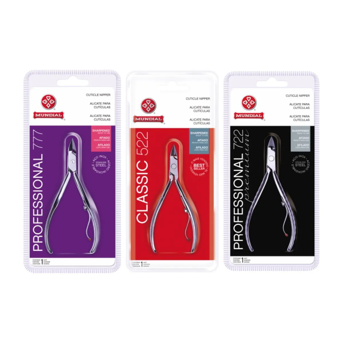 KIT 3 ALICATES CUTíCULA 722 777 522 AçO PROFISSIONAL MUNDIAL