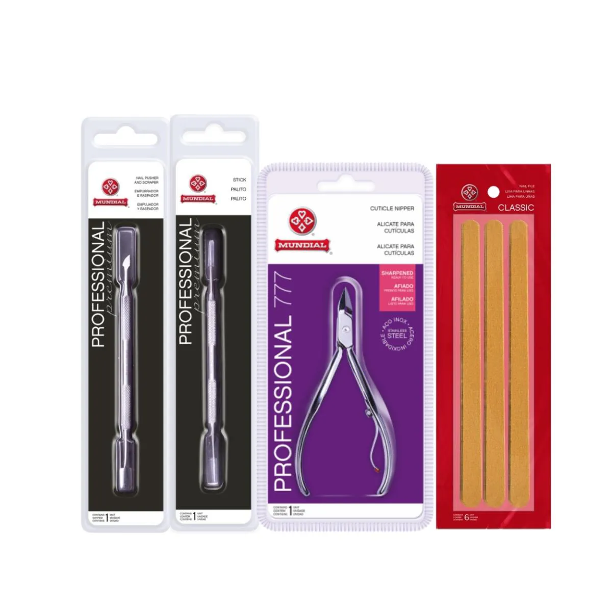 KIT ALICATE 777 PALITO E ESPáTULA INOX 6 LIXAS UNHA MUNDIAL