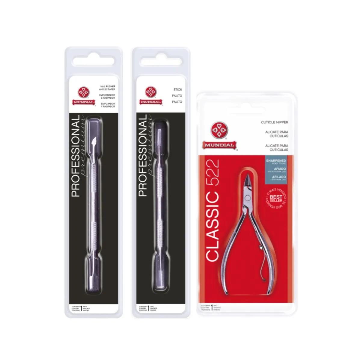 KIT ALICATE CUTíCULA 522-C PALITO E ESPáTULA INOX  MUNDIAL