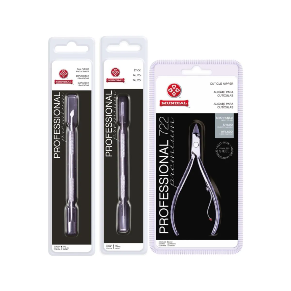 KIT ALICATE CUTíCULA 722 PALITO E ESPáTULA UNHA INOX MUNDIAL