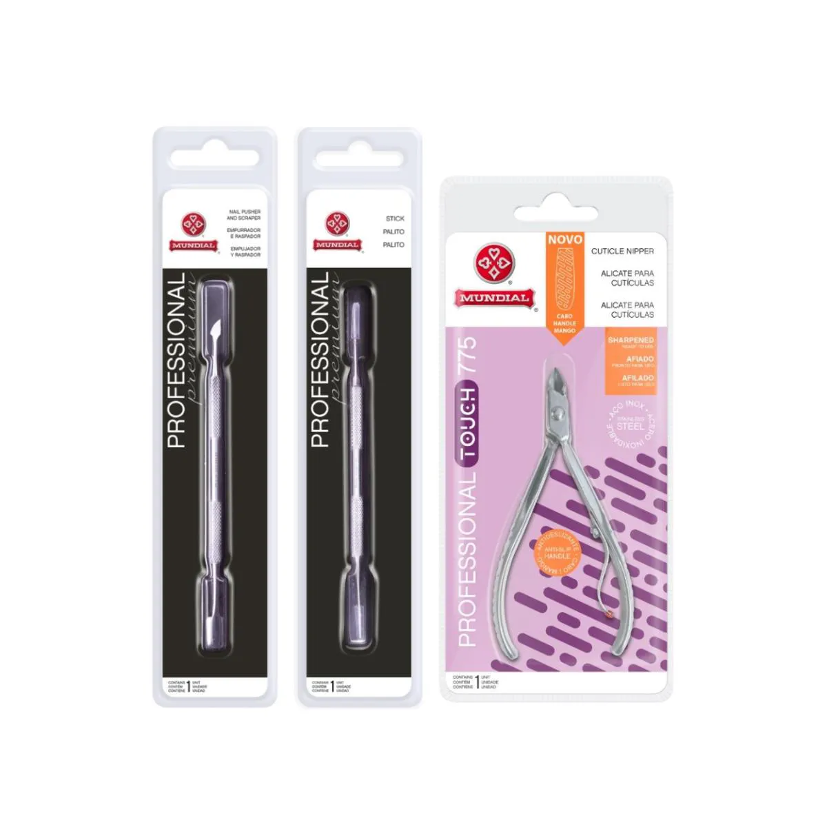 KIT ALICATE CUTíCULA 775 PALITO E ESPáTULA UNHA INOX MUNDIAL
