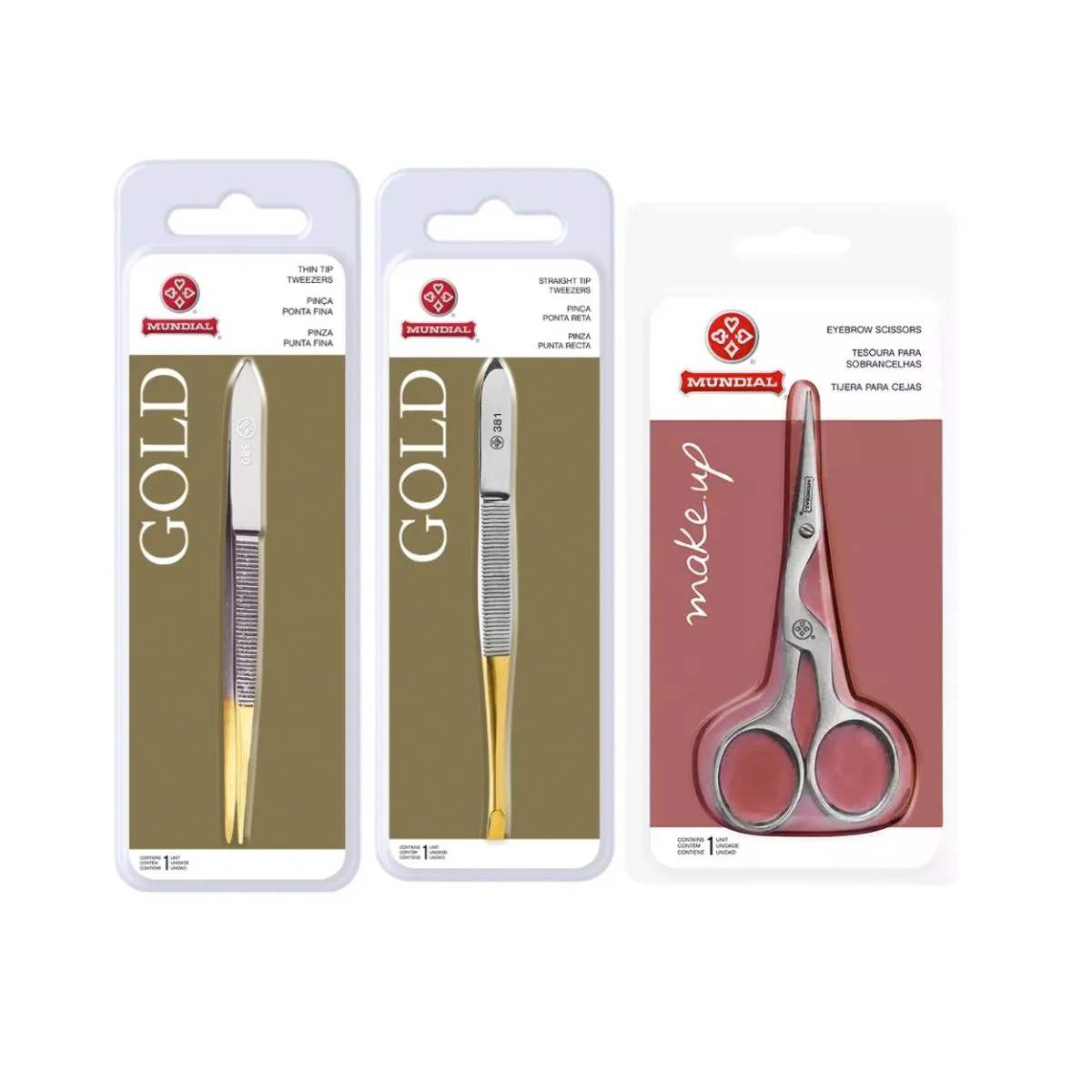 KIT TESOURA BC701 E 2 PINçAS GOLD SOBRANCELHA INOX MUNDIAL