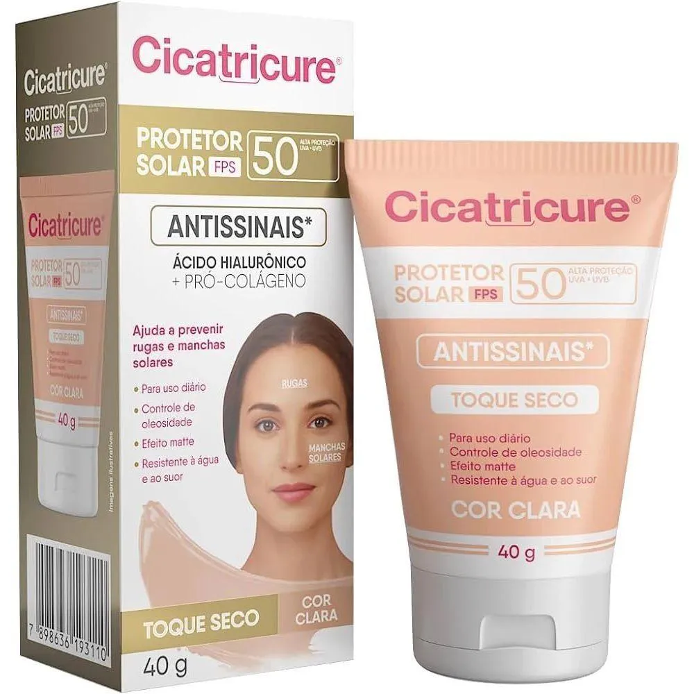 PROTETOR SOLAR FACIAL ANTISSINAIS CICATRICURE FPS 50 COR CLARA 40G