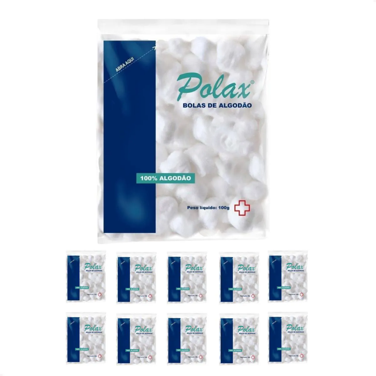 KIT COM 10 ALGODAO HIDROFILO BOLAS 100 G POLAX ALTA ABSORçAO