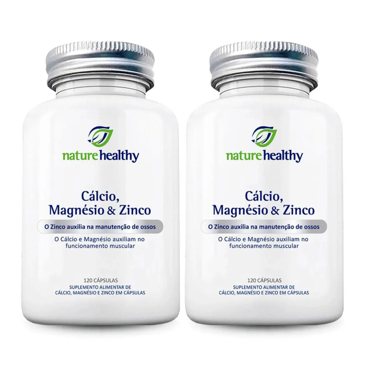 KIT - 2 UN SUPLEMENTO ALIMENTAR NATURE HEALTHY CáLCIO, MAGNéSIO & ZINCO - 120 CAPS  - 2 POTES LOJA
