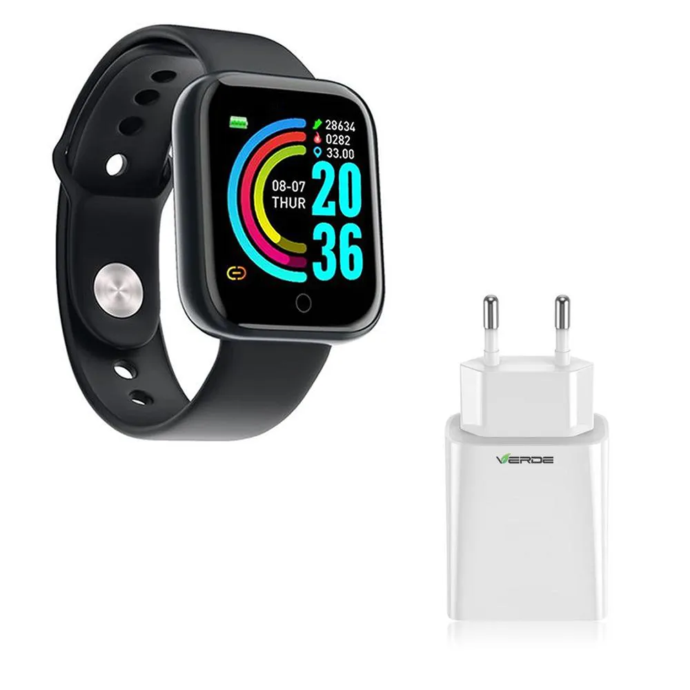 KIT 1 RELóGIO SMARTWATCH D20 PRETO ESPORTIVO ANDROID IOS + 1 BASE DE CARREGADOR
