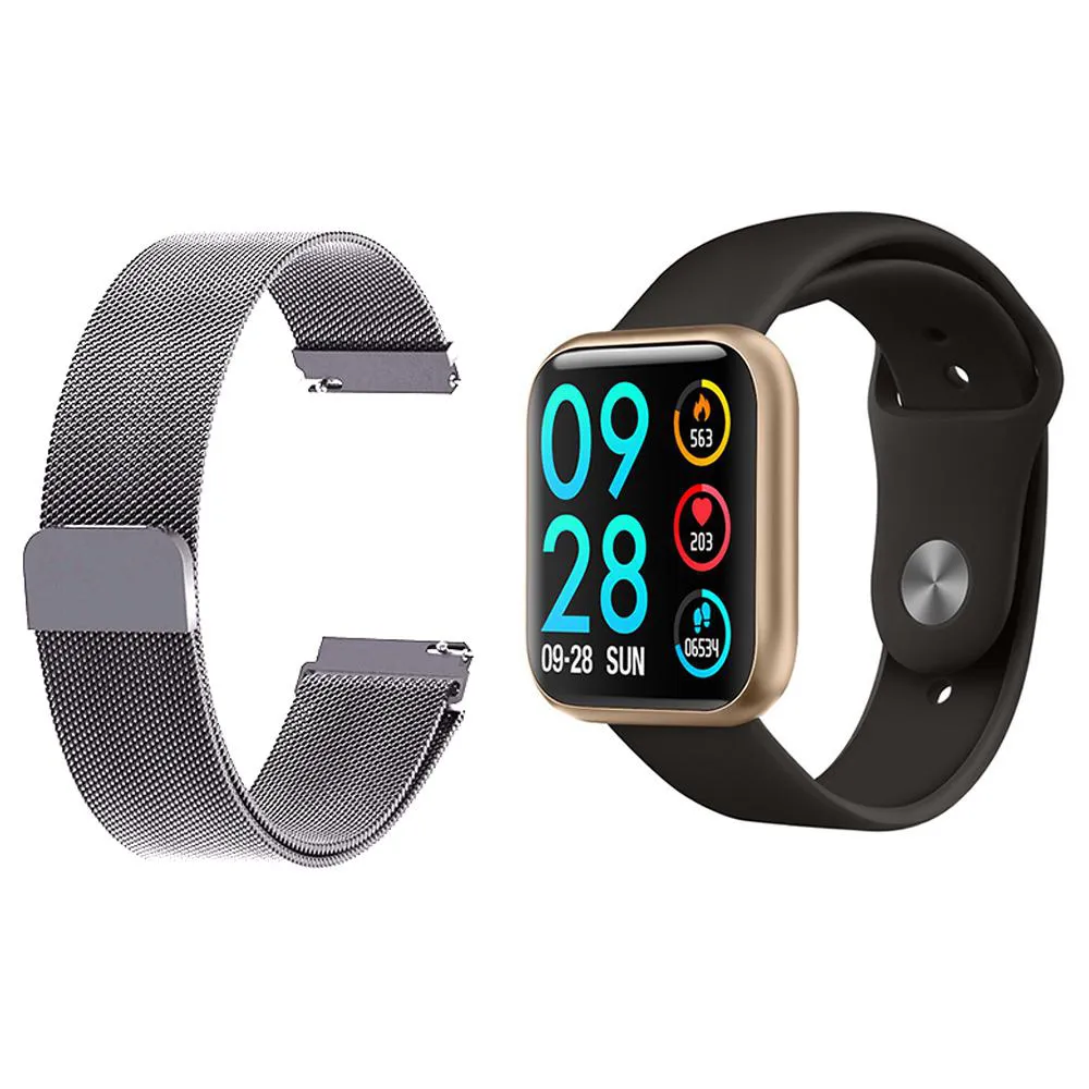 KIT 1 RELóGIO SMARTWATCH P80 MONITOR DE SAúDE DOURADO ANDROID IOS + 1 PULSEIRA MILANESA PRATA
