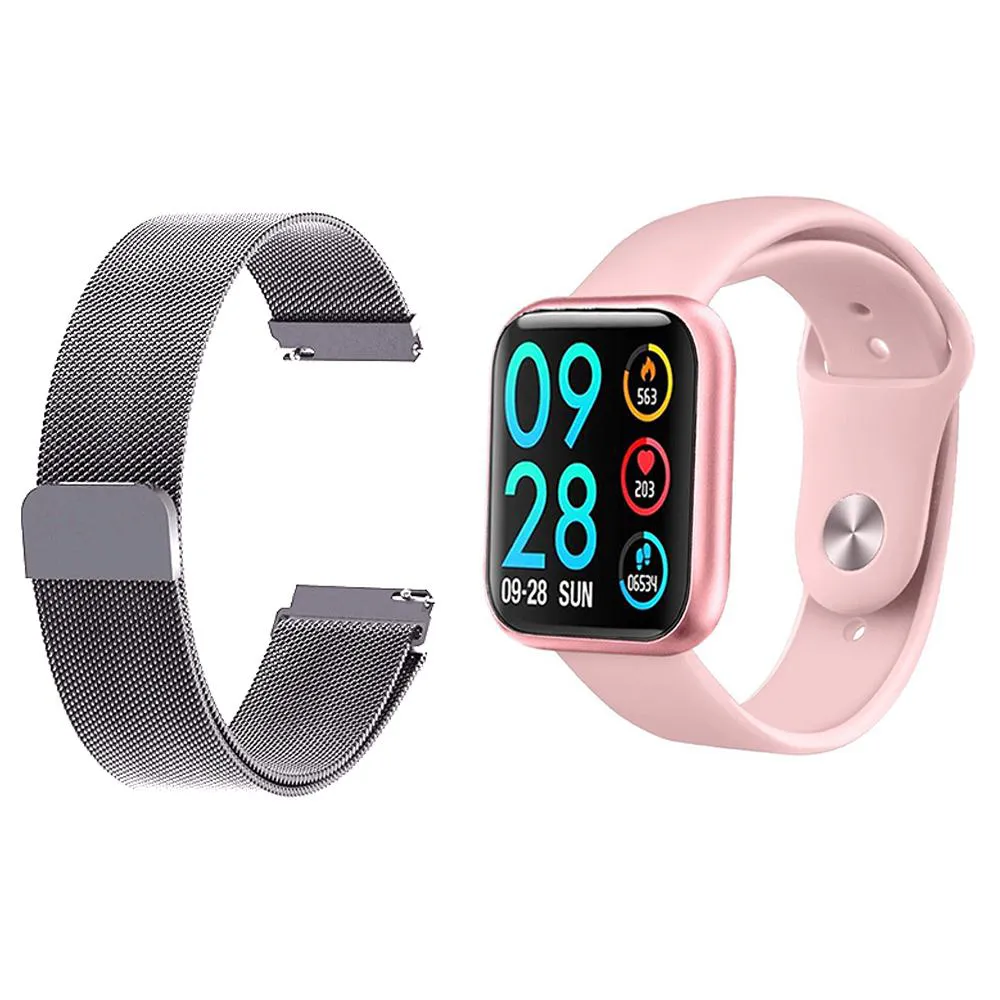 KIT 1 RELóGIO SMARTWATCH P80 MONITOR DE SAúDE ROSA ANDROID IOS + 1 PULSEIRA MILANESA PRATA