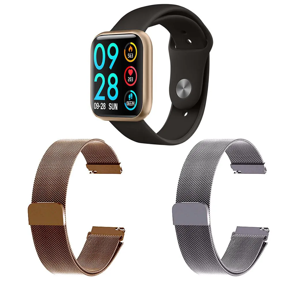 KIT 1 RELóGIO SMARTWATCH P80 MONITOR DE SAúDE DOURADO ANDROID IOS + 2 PULSEIRAS MILANESA ROSê E PRATA