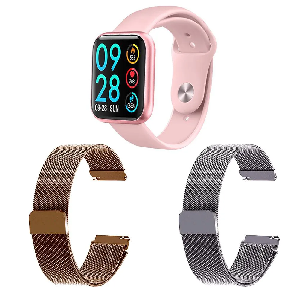 KIT 1 RELóGIO SMARTWATCH P80 MONITOR DE SAúDE ROSA ANDROID IOS + 2 PULSEIRAS MILANESA ROSê E PRATA