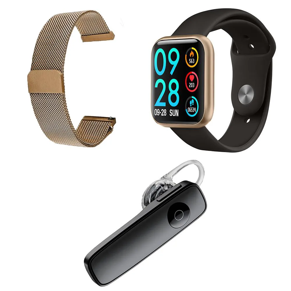 KIT 1 RELóGIO SMARTWATCH P80 DOURADO ANDROID IOS + 1 PULSEIRA EXTRA + 1 FONE BLUETOOTH HEADSET PRETO