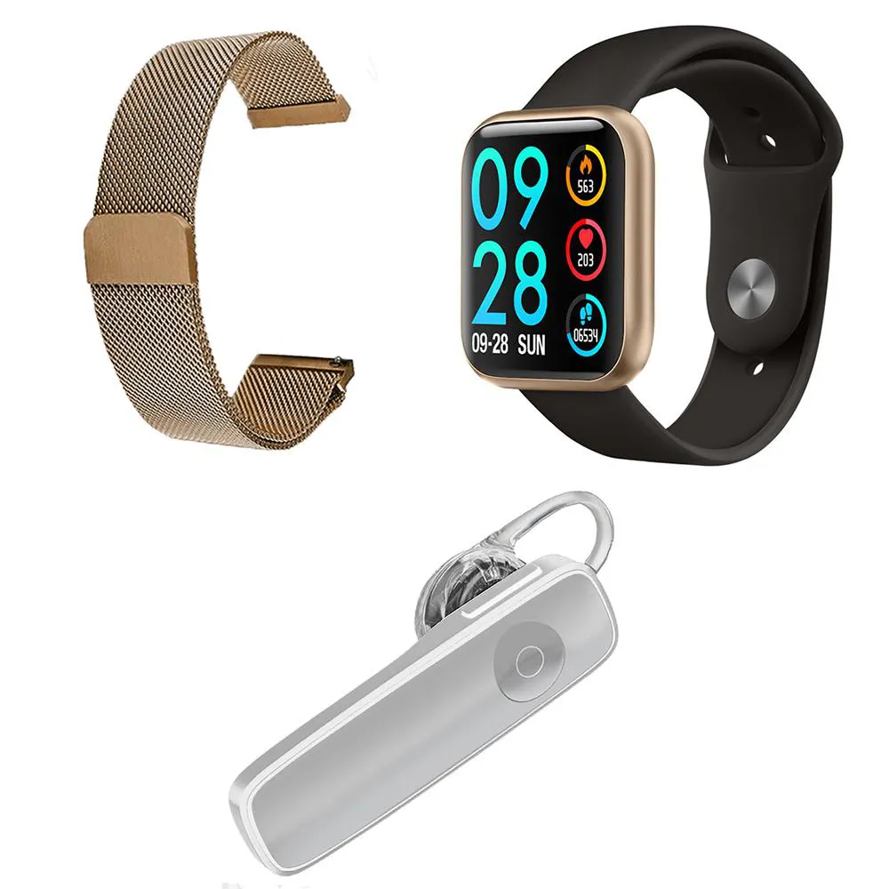 KIT 1 RELóGIO SMARTWATCH P80 DOURADO ANDROID IOS + 1 PULSEIRA EXTRA+ 1 FONE BLUETOOTH HEADSET BRANCO