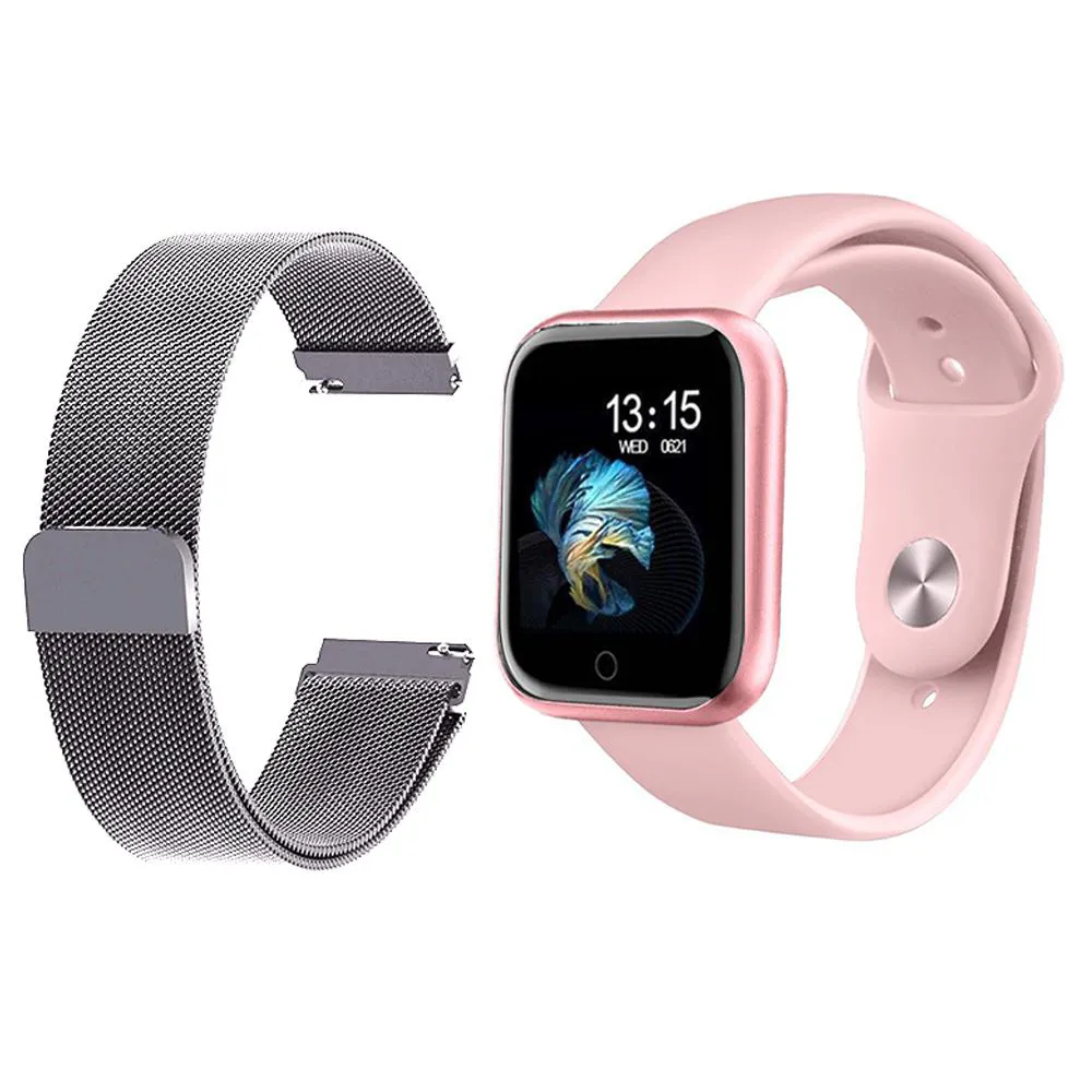 KIT 1 RELóGIO SMARTWATCH T80 MONITOR DE SAúDE ROSA ANDROID IOS + 1 PULSEIRA MILANESA PRATA