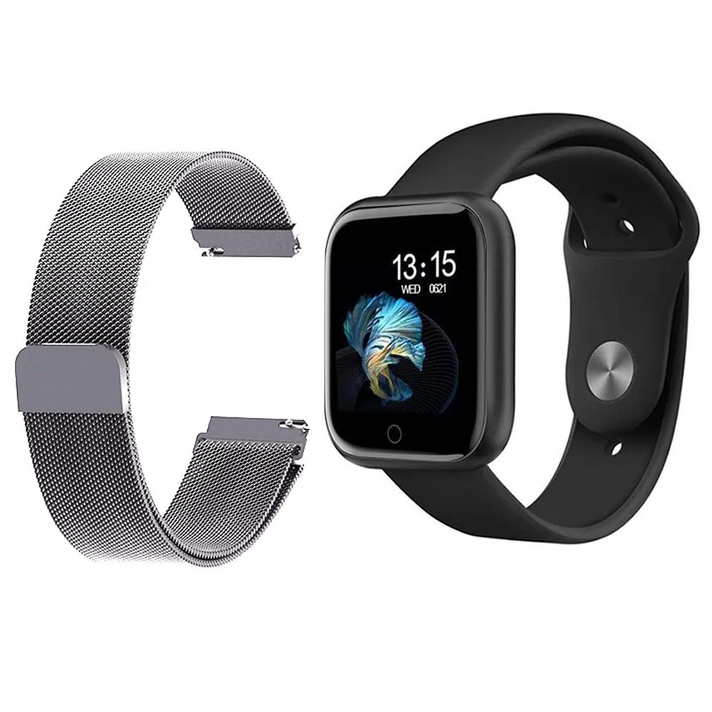 KIT 1 RELóGIO SMARTWATCH T80 MONITOR DE SAúDE PRETO ANDROID IOS + 1 PULSEIRA MILANESA PRATA