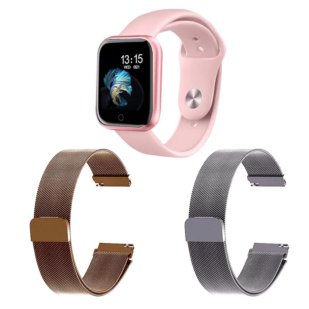 KIT 1 RELóGIO SMARTWATCH T80 MONITOR DE SAúDE ROSA ANDROID IOS + 2 PULSEIRAS MILANESA ROSê E PRATA