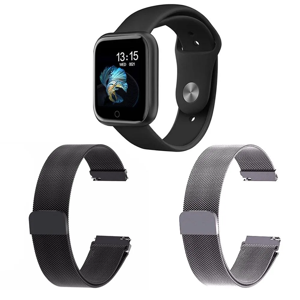 KIT 1 RELóGIO SMARTWATCH T80 MONITOR DE SAúDE PRETO ANDROID IOS + 2 PULSEIRAS MILANESA PRETO E PRATA
