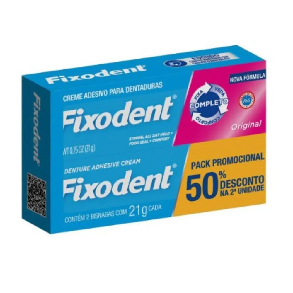 CREME ADESIVO PARA DENTADURA ORIGINAL FIXODENT - PACK COM 2 UNIDADES DE 21G