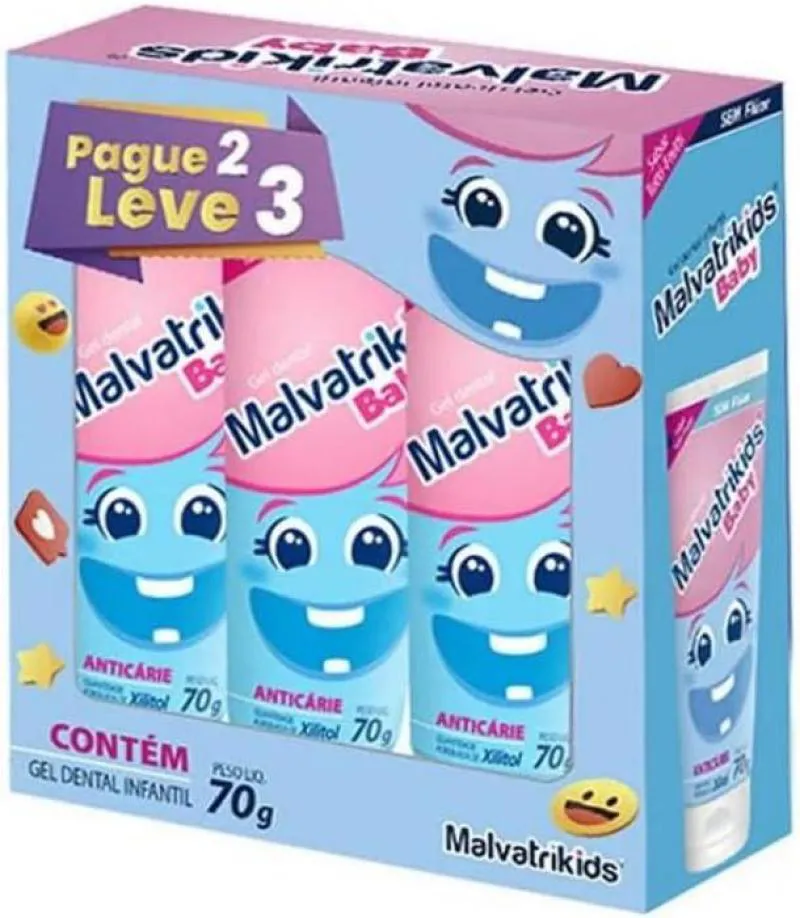 KIT GEL DENTAL MALVATRIKIDS BABY ANTICáRIE SABOR TUTTI-FRUTTI SEM FLúOR 3 UNIDADES 70G CADA