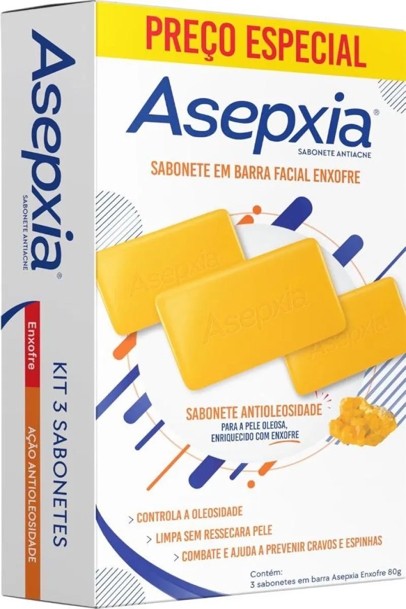 SABONETE FACIAL ANTIACNE ASEPXIA ENXOFRE 80G - KIT COM 3 UNIDADES