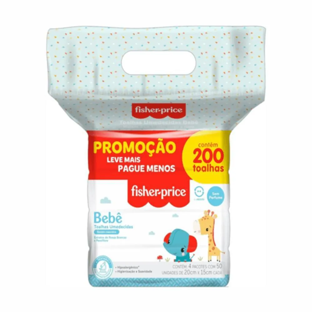 KIT LENçO UMEDECIDO FISHER PRICE SEM PERFUME - 4 PACOTES COM 50 TOALHAS