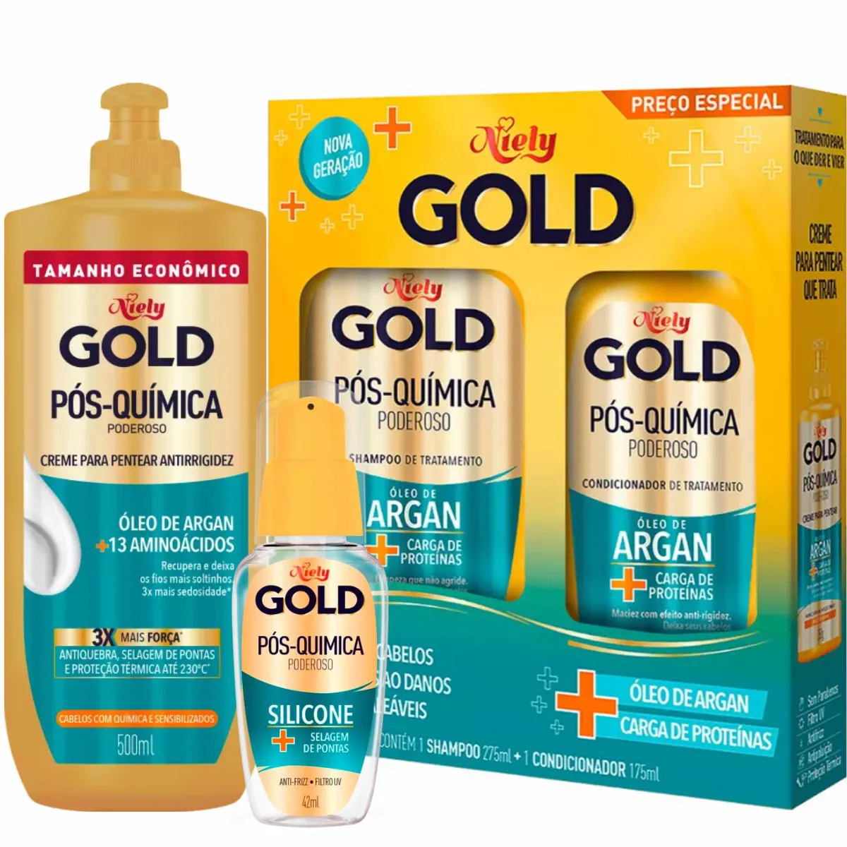 CREME PARA PENTEAR NIELY GOLD PóS-QUíMICA PODEROSO + SHAMPOO E CONDICIONADOR + REPARADOR DE PONTAS