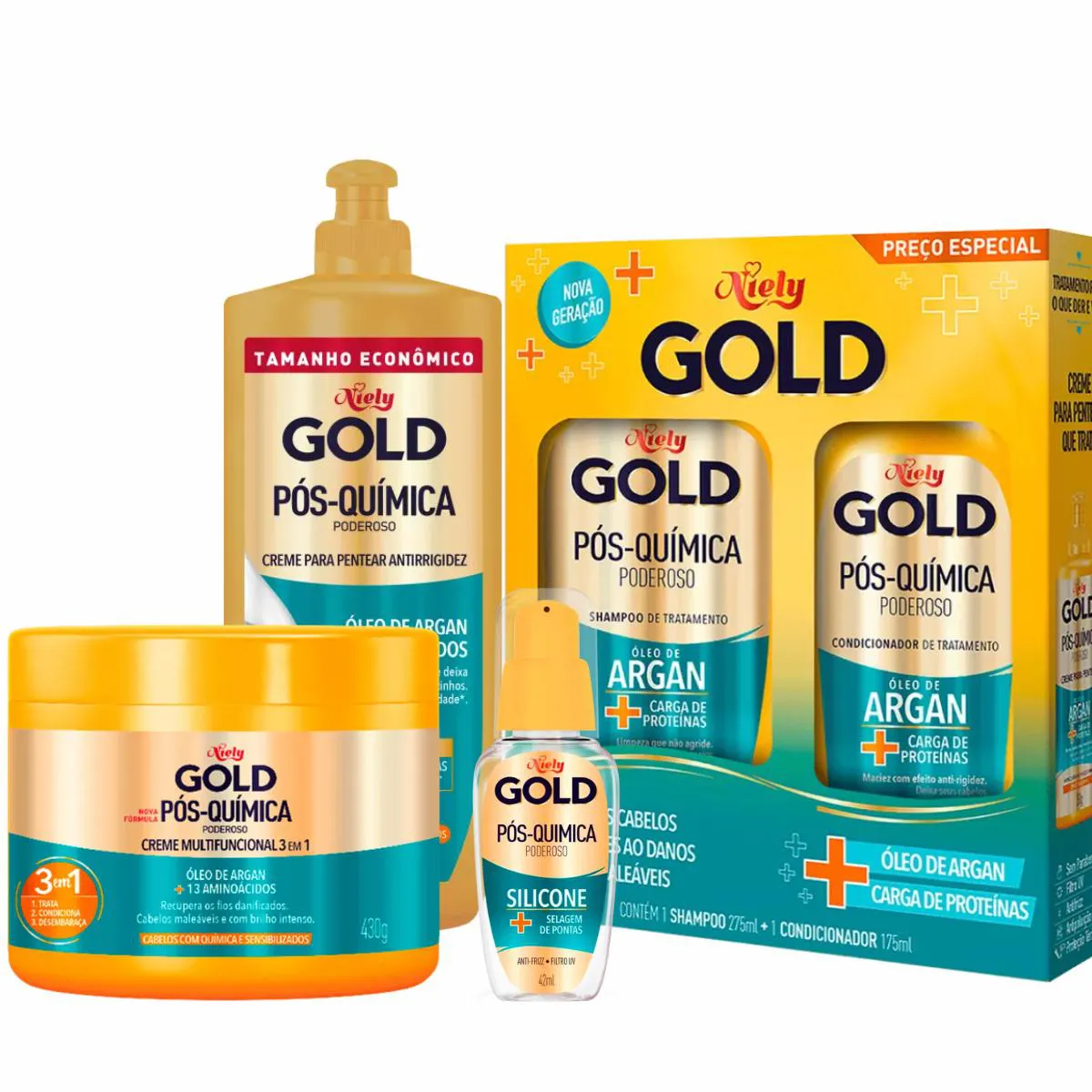 KIT NIELY GOLD PóS-QUíMICA PODEROSO 4 ITENS + REPARADOR DE PONTAS