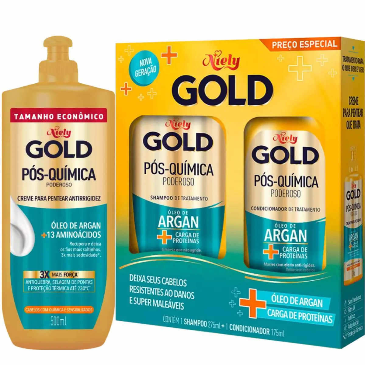 CREME PARA PENTEAR NIELY GOLD PóS-QUíMICA PODEROSO + 13 AMINOáCIDOS + SHAMPOO E CONDICIONADOR