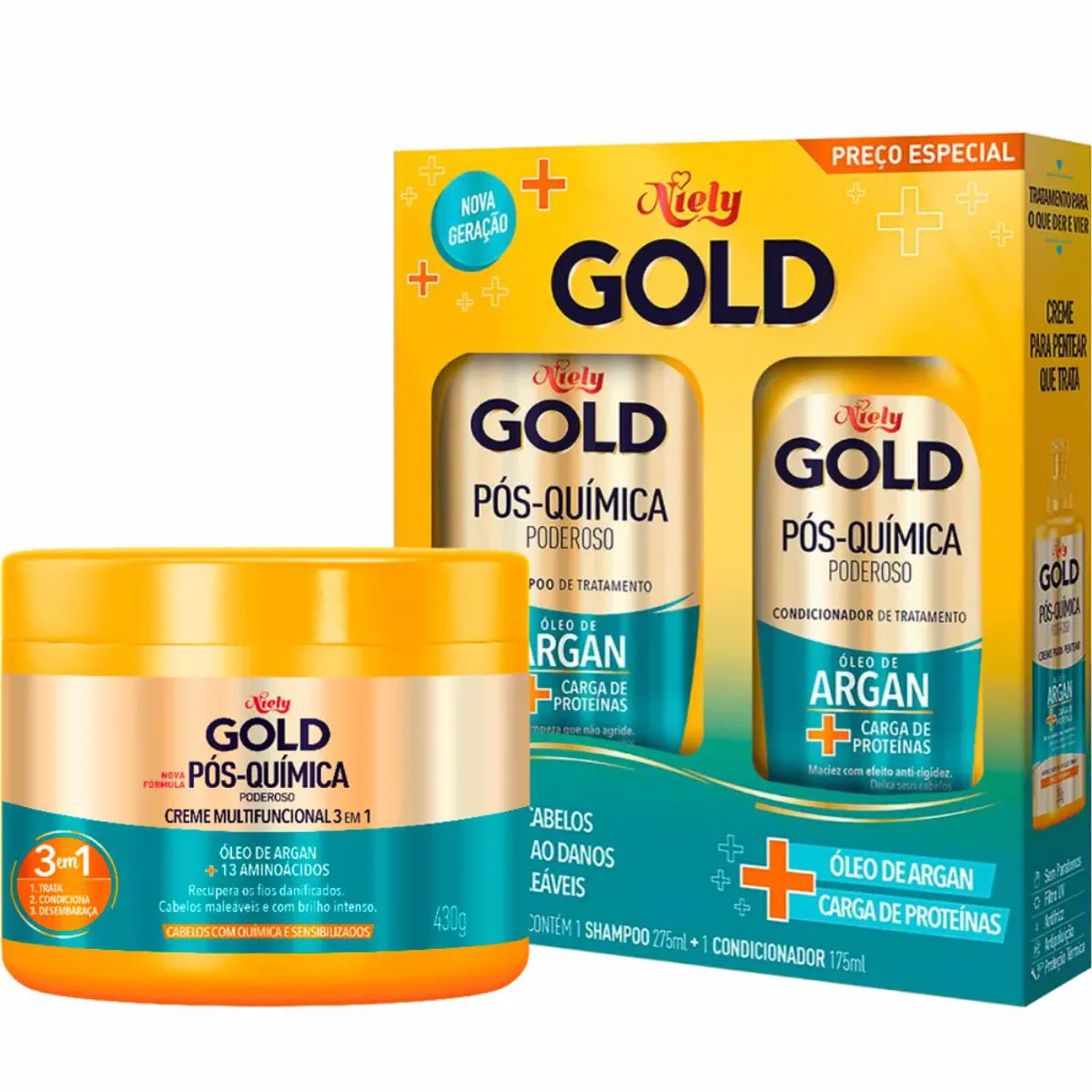 SHAMPOO E CONDICIONADOR NIELY GOLD PóS-QUíMICA PODEROSO + CREME MULTIFUNCIONAL