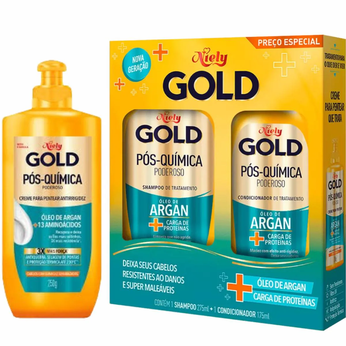 SHAMPOO E CONDICIONADOR NIELY GOLD PóS-QUíMICA PODEROSO + CREME PARA PENTEAR
