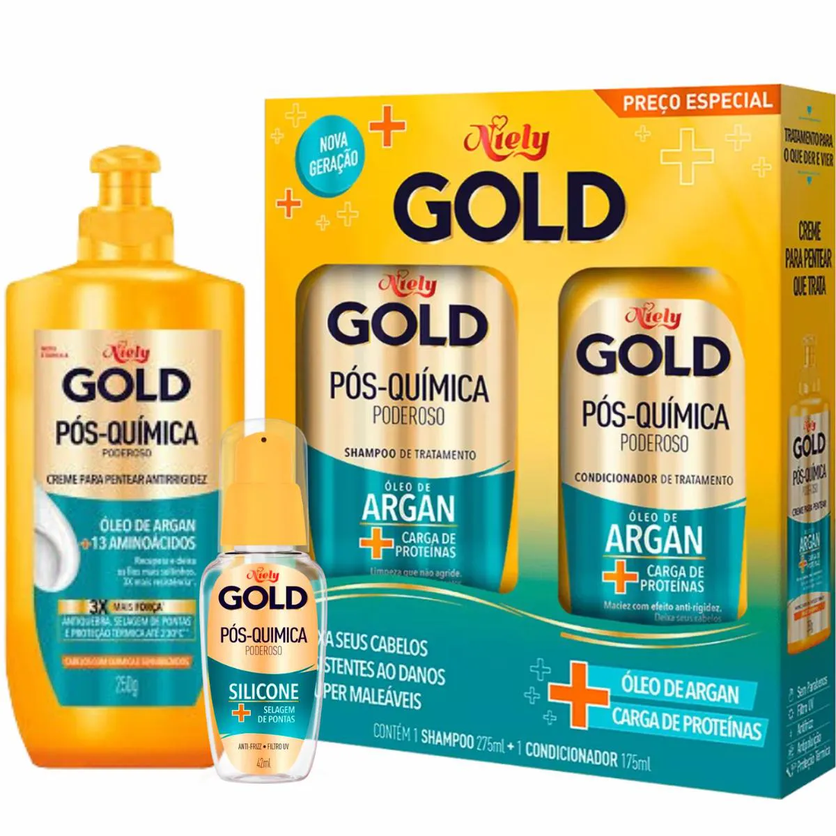 SHAMPOO E CONDICIONADOR NIELY GOLD PóS-QUíMICA PODEROSO + CREME PARA PENTEAR + REPARADOR DE PONTAS