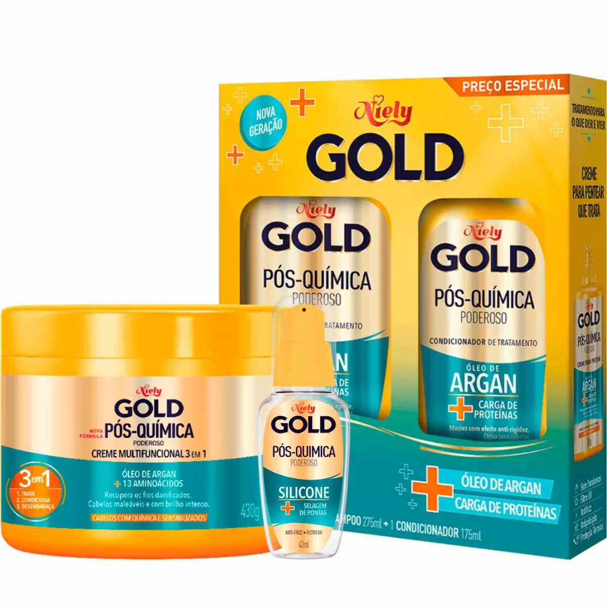 SHAMPOO E CONDICIONADOR NIELY GOLD PóS-QUíMICA PODEROSO + MULTIFUNCIONAL+ REPARADOR DE PONTAS