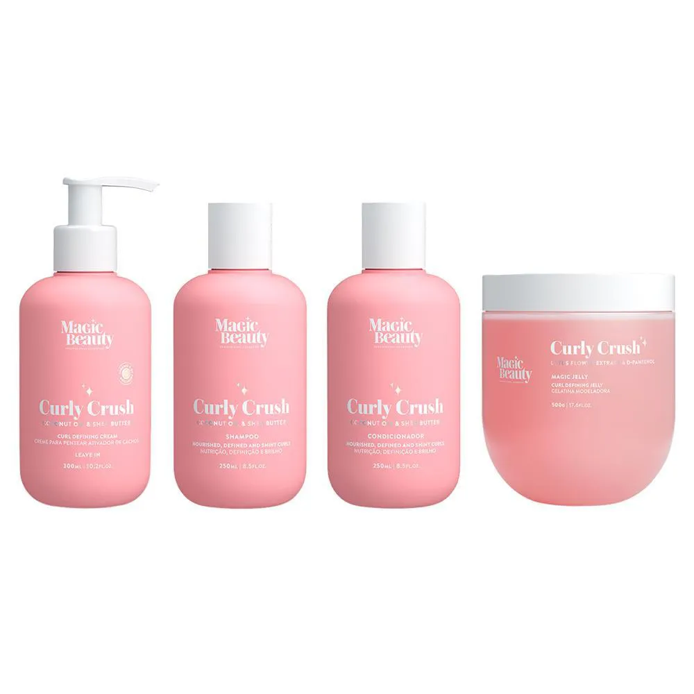 KIT MAGIC BEAUTY CURLY CRUSH: SHAMPOO 250ML, CONDICIONADOR 250ML, CREME PARA PENTEAR 300ML E GELATINA MODELADORA MAGIC JELLY 500G