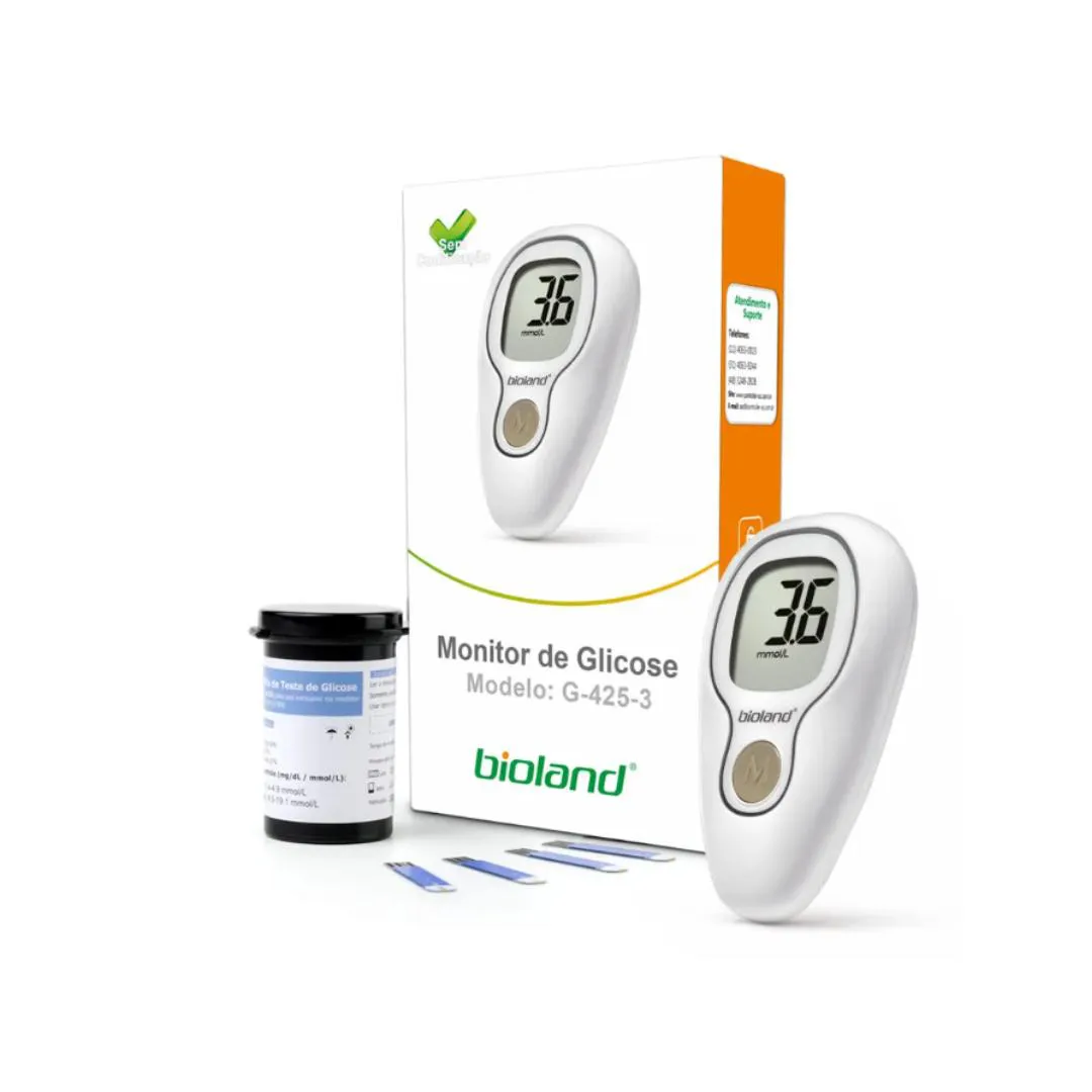 MEDIDOR DE GLICOSE G-425-3 KIT COMPLETO COM 25 TIRAS BIOLAND