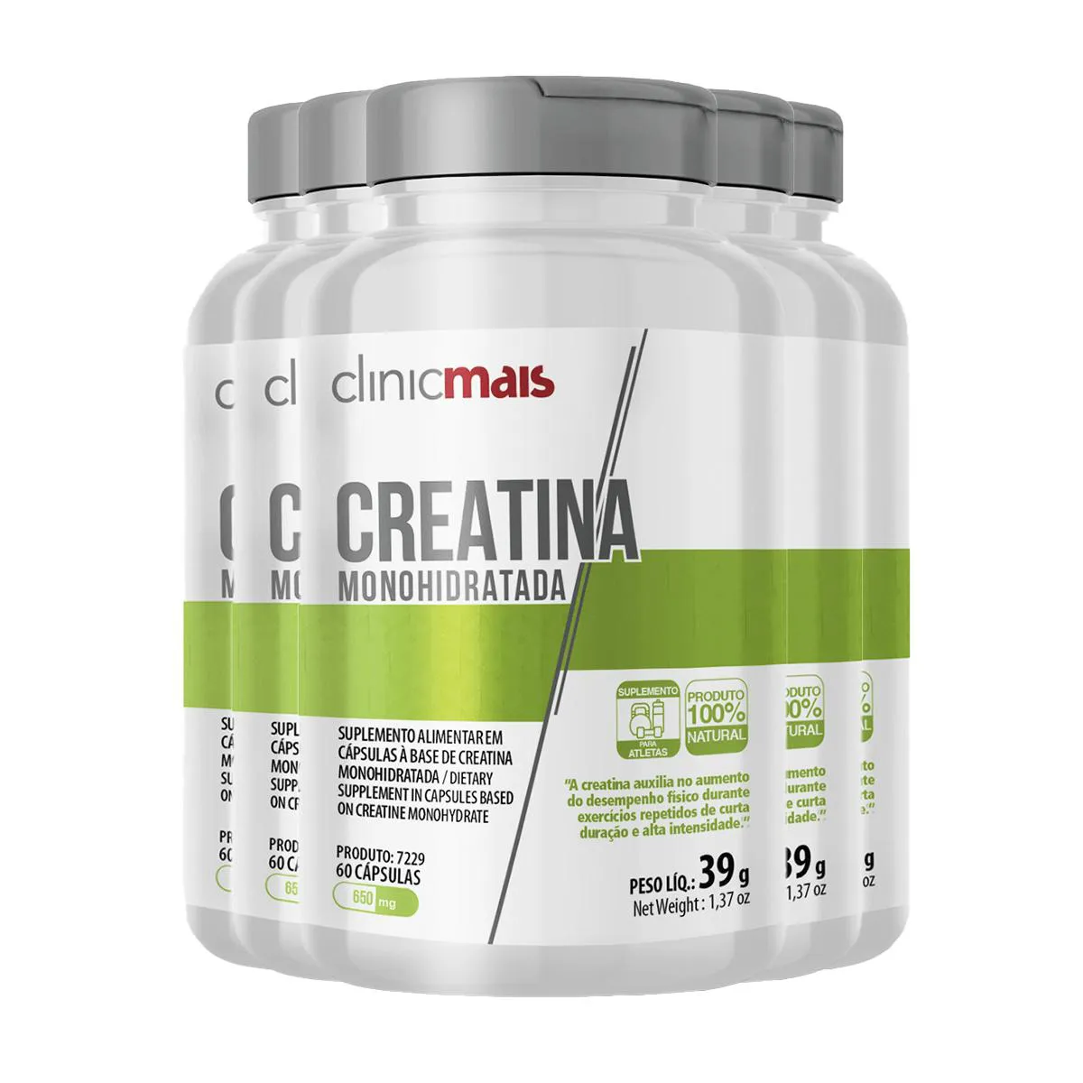 KIT 5 CREATINA MONOHIDRATADA 650MG CLINICMAIS 60 CáPSULAS