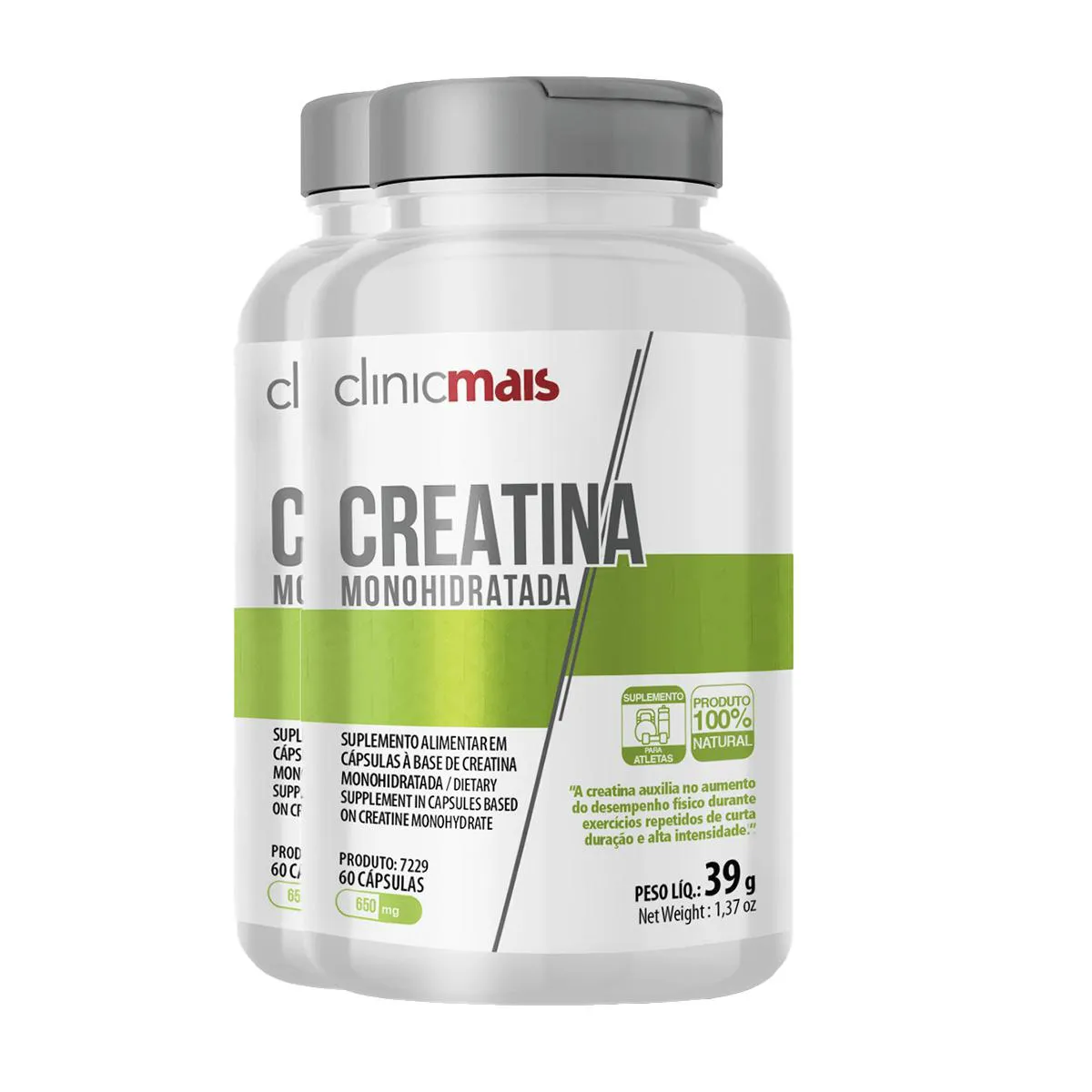 KIT 2 CREATINA MONOHIDRATADA 650MG CLINICMAIS 60 CáPSULAS