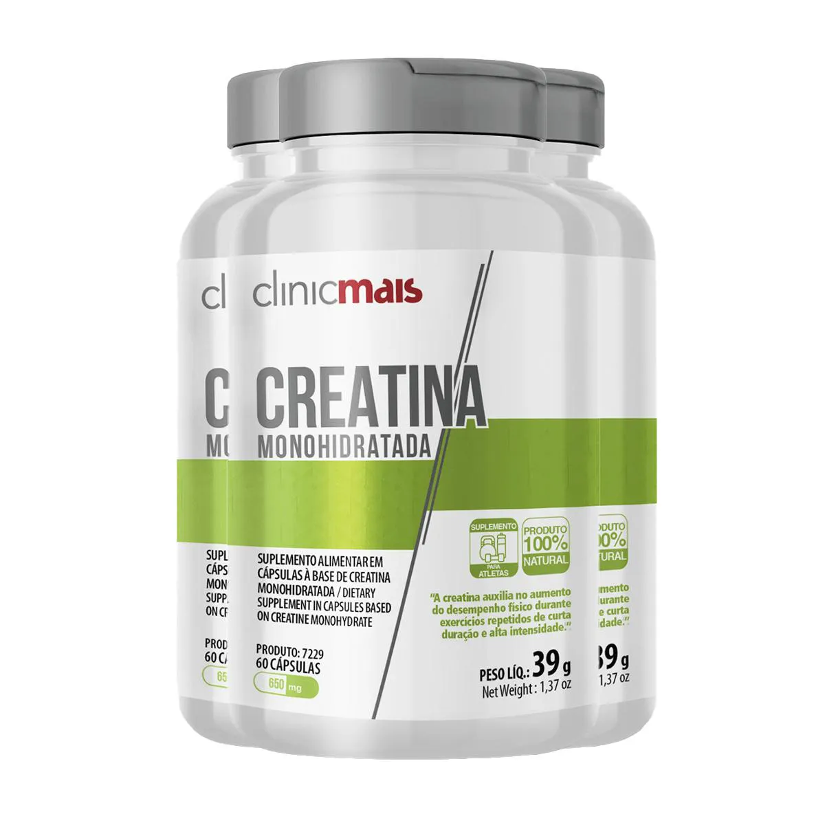 KIT 3 CREATINA MONOHIDRATADA 650MG CLINICMAIS 60 CáPSULAS