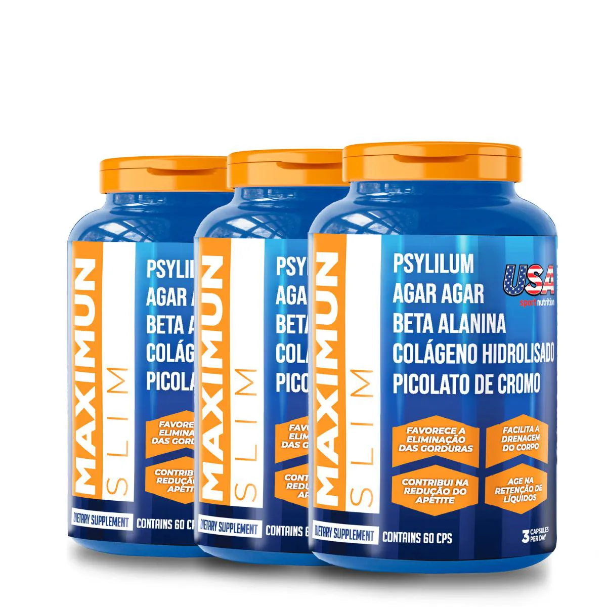 MAXIMUN SLIM EMAGRECIMENTO NATURAL KIT 3X - FóRMULA AMERICANA - USA SPORT NUTRITION