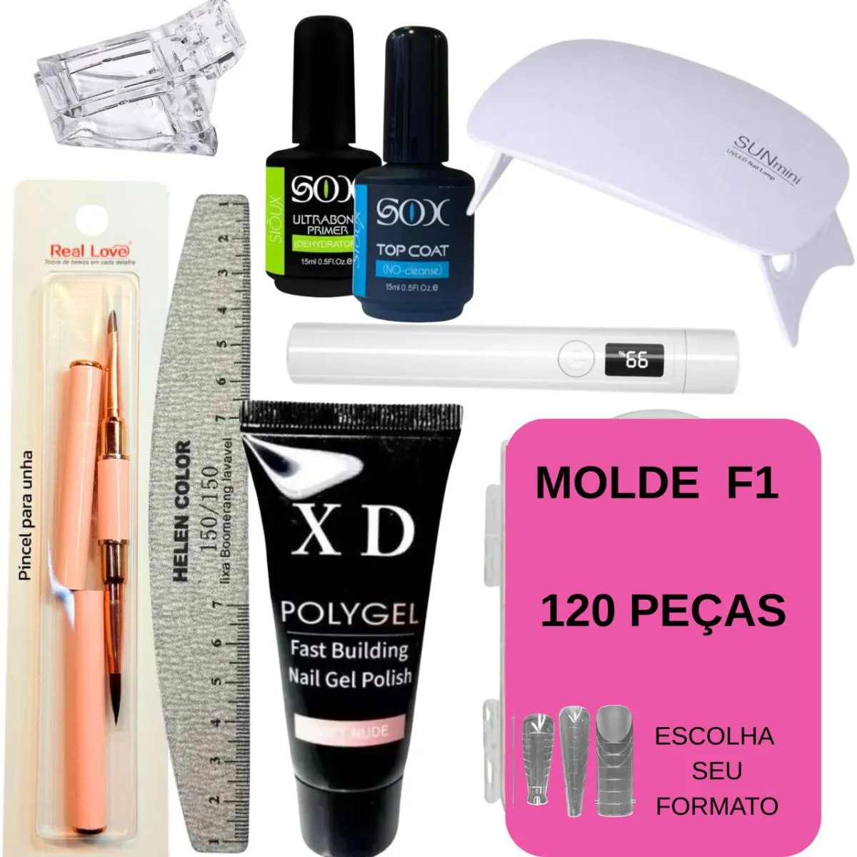 KIT EXTENSãO DE UNHAS POLYGEL CABINE GEL MOLDE F1