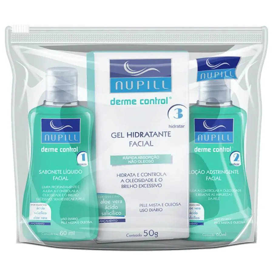 KIT FACIAL DERME CONTROL NUPILL ( SABONETE LíQUIDO 60ML + GEL HIDRATANTE 50G + LOçãO ADSTRINGENTE 60ML )