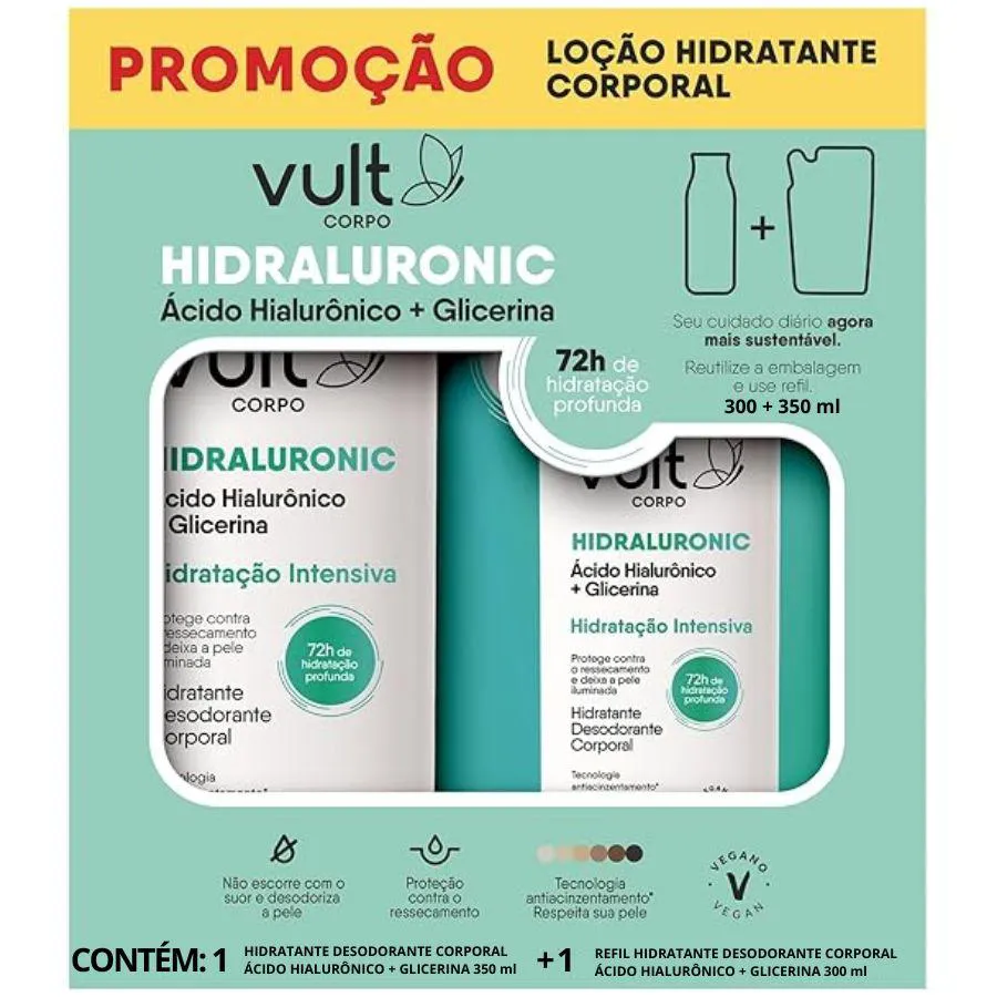 KIT HIDRATANTE CORPORAL ÁCIDO HIALURôNICO + GLICERINA 350ML + REFIL 300ML - VULT